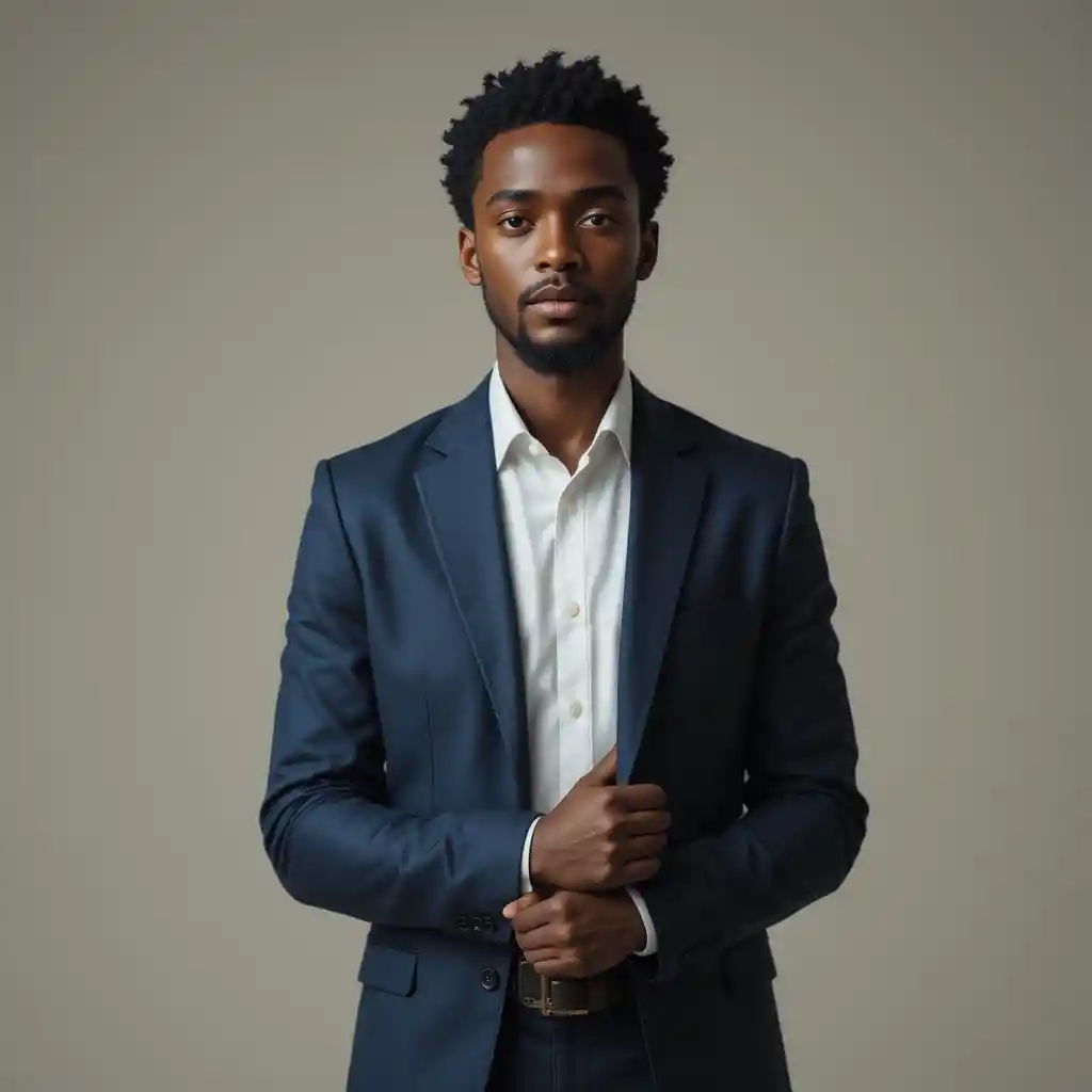 Determined young Nigerian man in a navy suit portrait