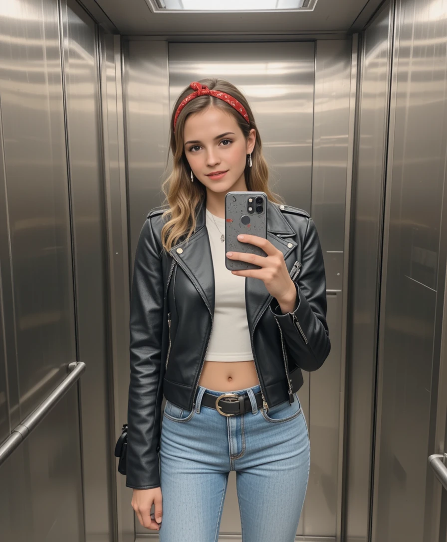 Stilvolle Frau macht ein Spiegel-Selfie im Aufzug