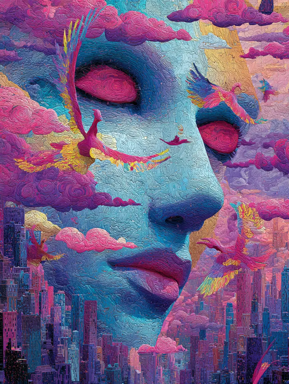 Surreal dreamlike woman dissolving into a melting cityscape