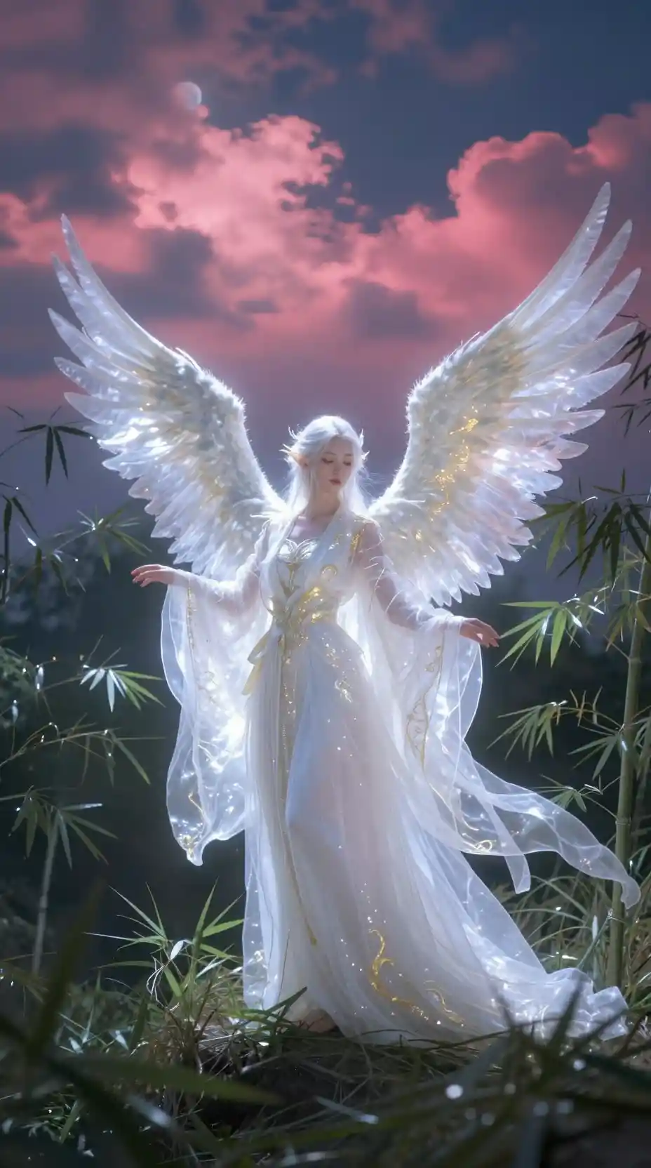 Ethereal elf woman with phoenix wings in bamboo grove