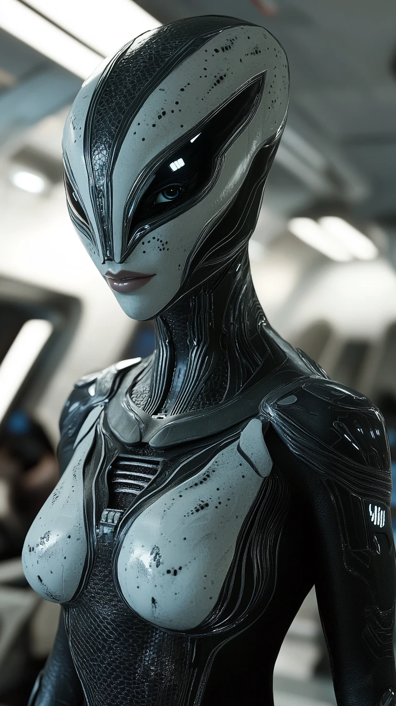 Alien woman on armed patrol inside futuristic starship