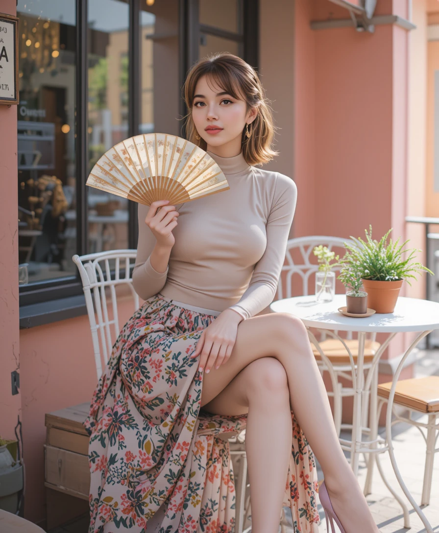 Elegant woman with fan seated at chic cafe terrace