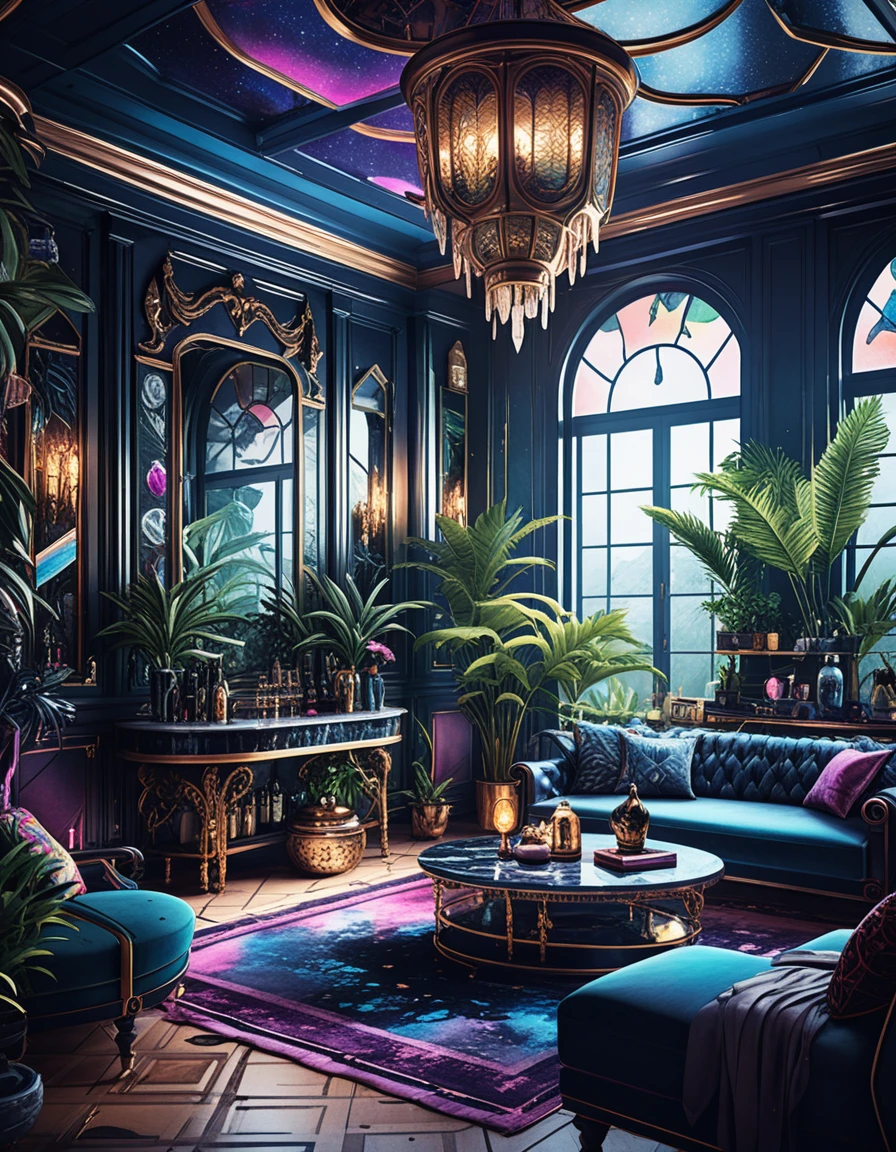 Diseño de Interior de Mansión de Lujo en Tonos Joya y Ambiente Sombrío