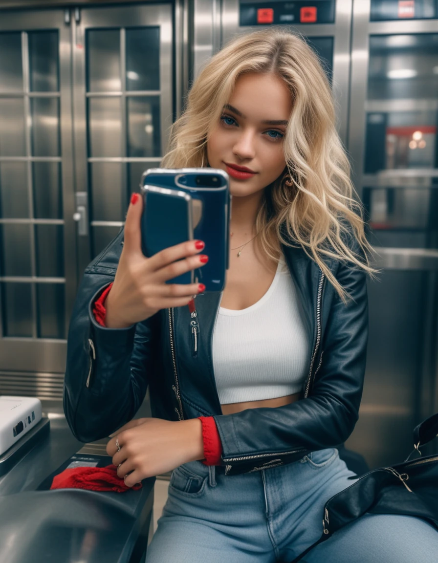 Stilvolle Frau macht ein Spiegel-Selfie im Aufzug