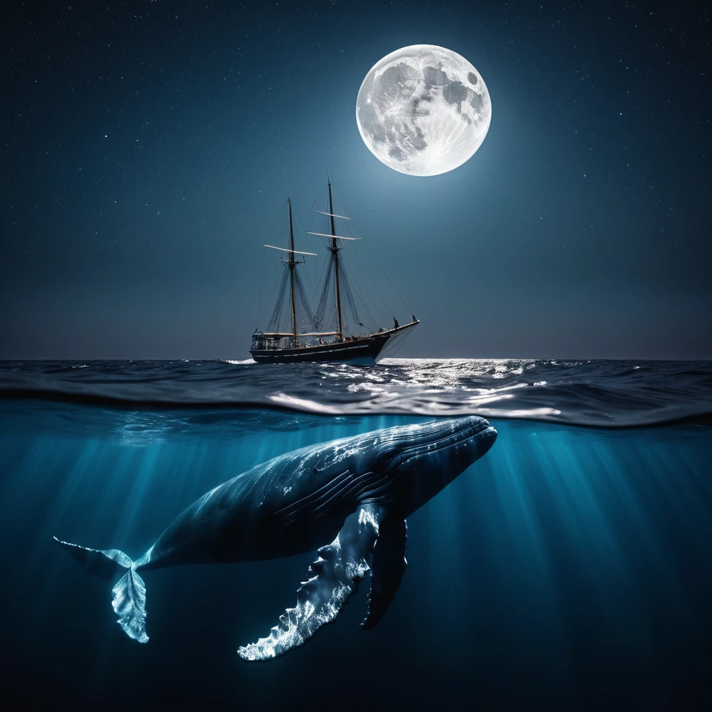Humpback whale rising beneath a moonlit ocean boat