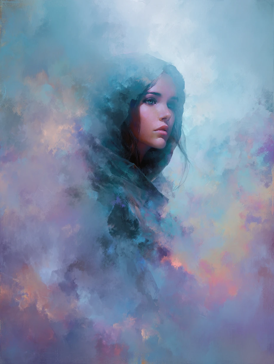 Dreamlike ethereal woman in swirling misty color background