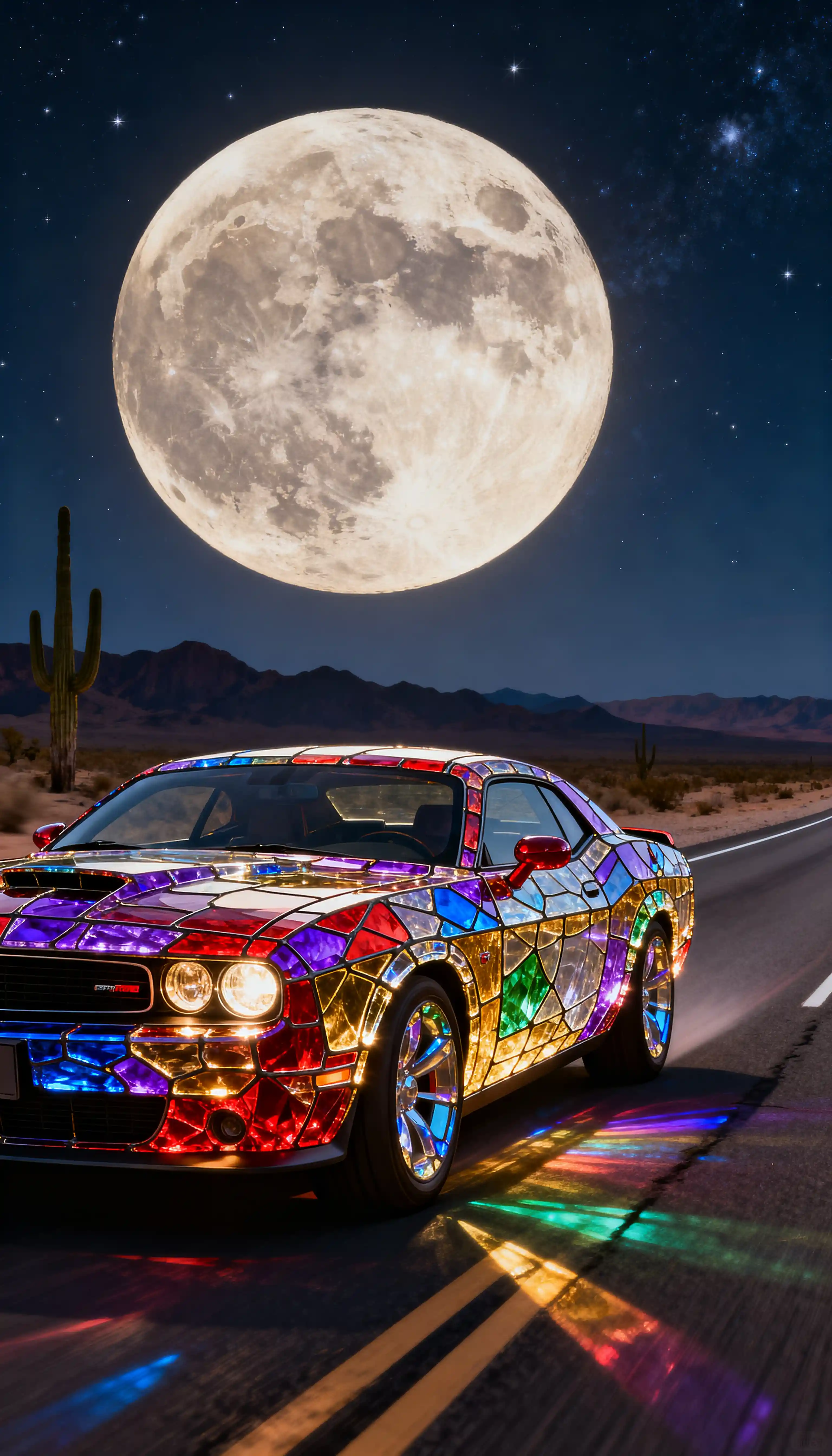 Stained glass muscle car on moonlit desert highway