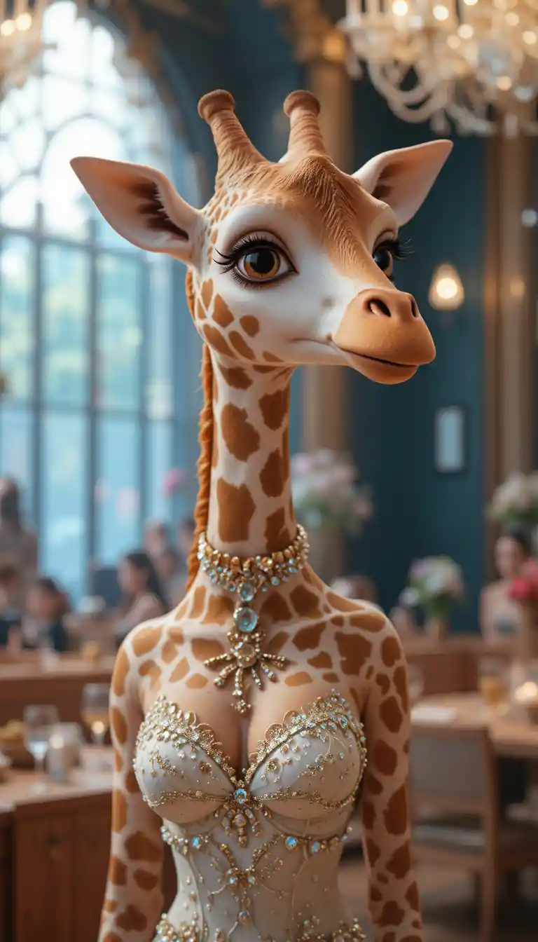 Elegant giraffe toy in evening wear in a luxury interior