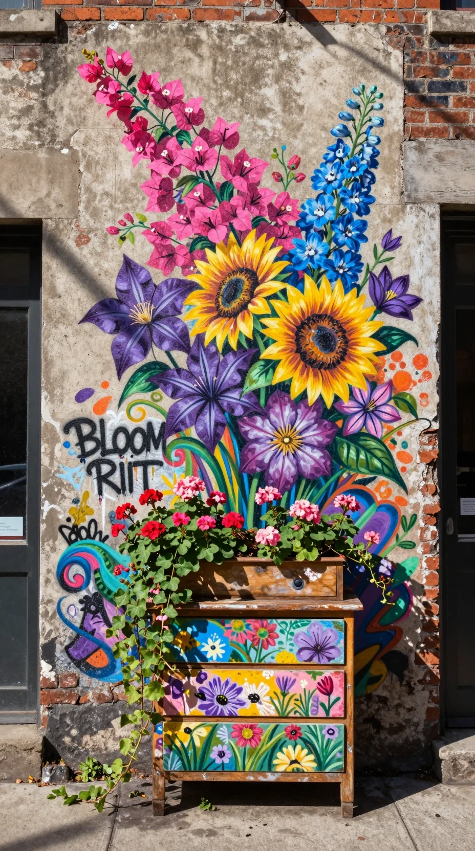 Colorful floral street art mural on old brick building