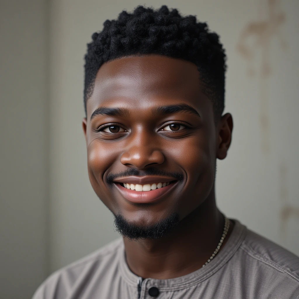 Thoughtful Yoruba man with gentle smile in cinematic portrait