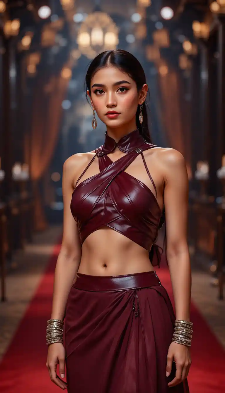 Elegante ritratto di moda di una giovane donna sul tappeto rosso
