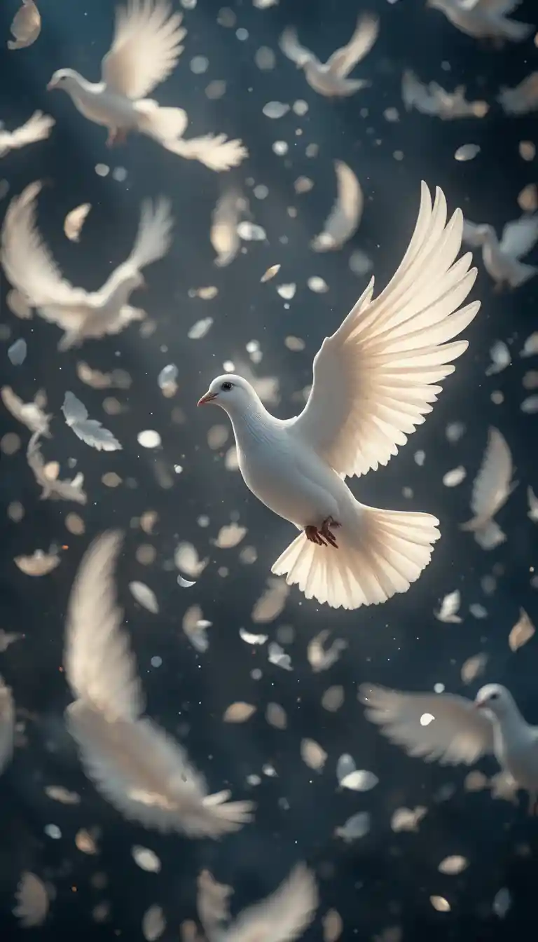 White Dove Feathers Gently Falling Against Glowing Light