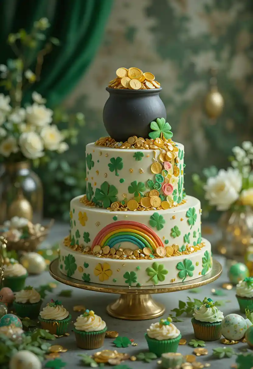 Elegante dreistöckige St.-Patrick’s-Day-Torte mit Goldtopf