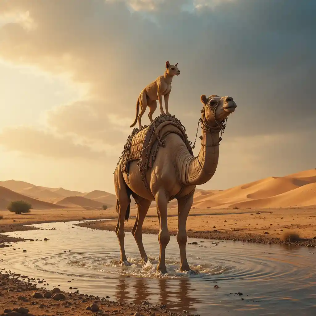 Camel Standing In Desert River At Sunset With Jackal