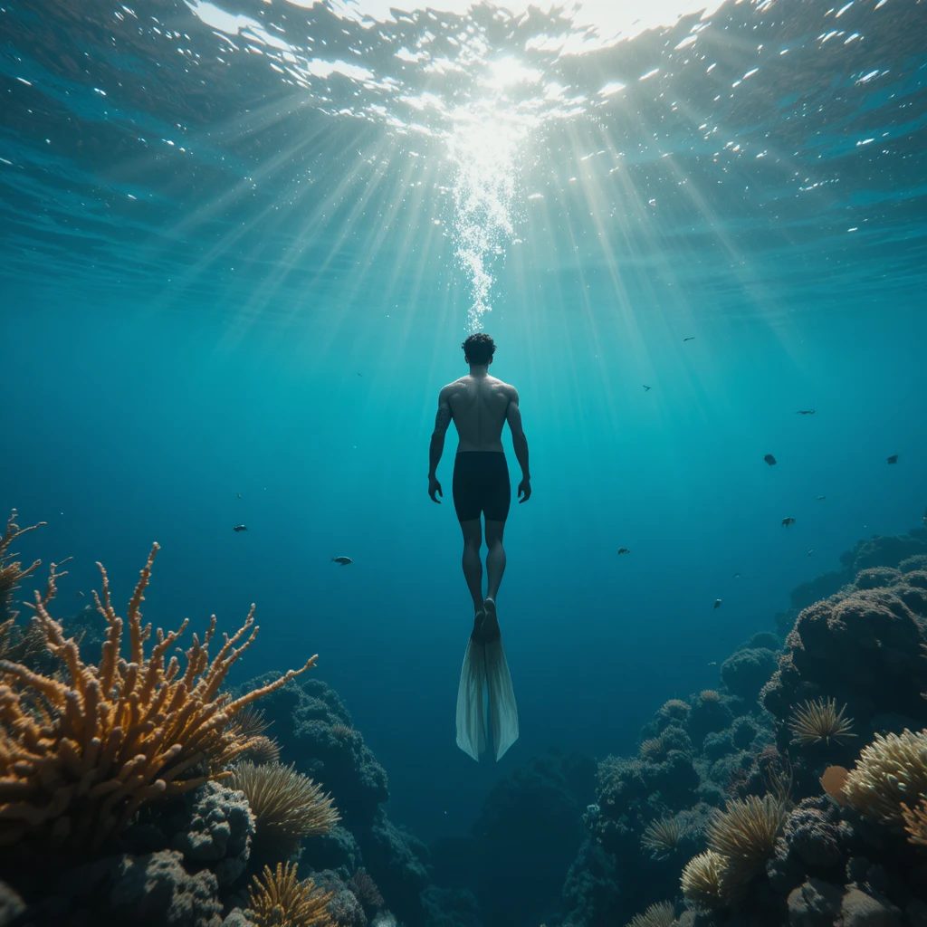 Calm free diver over a sunlit Pacific coral reef
