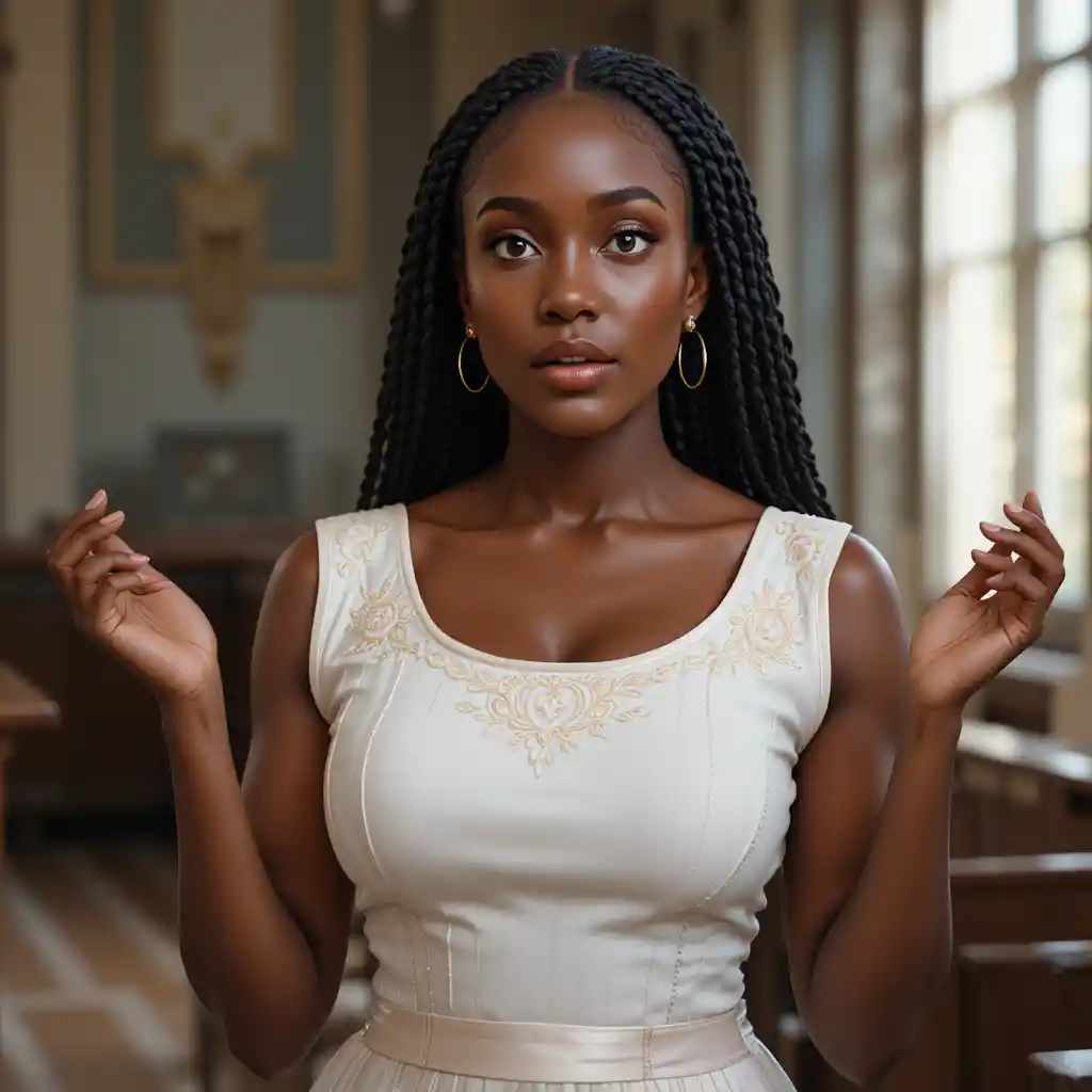 Concerned Nigerian woman in modest church dress portrait