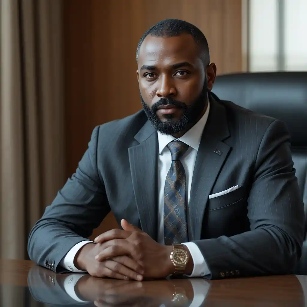 Confident nigerian executive in tailored charcoal office suit