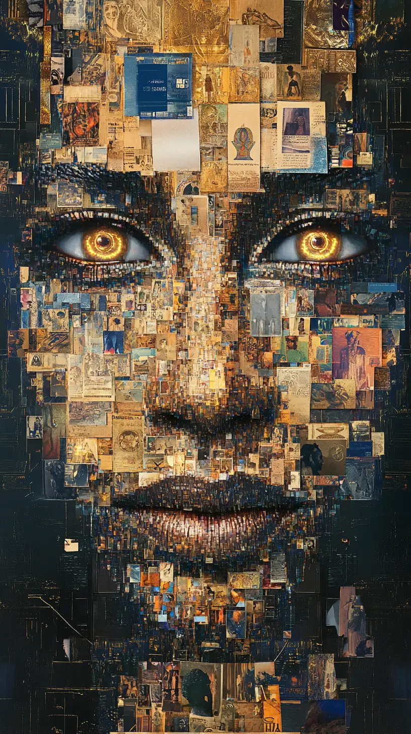 Afrofuturistic portrait made from layered vintage ID cards