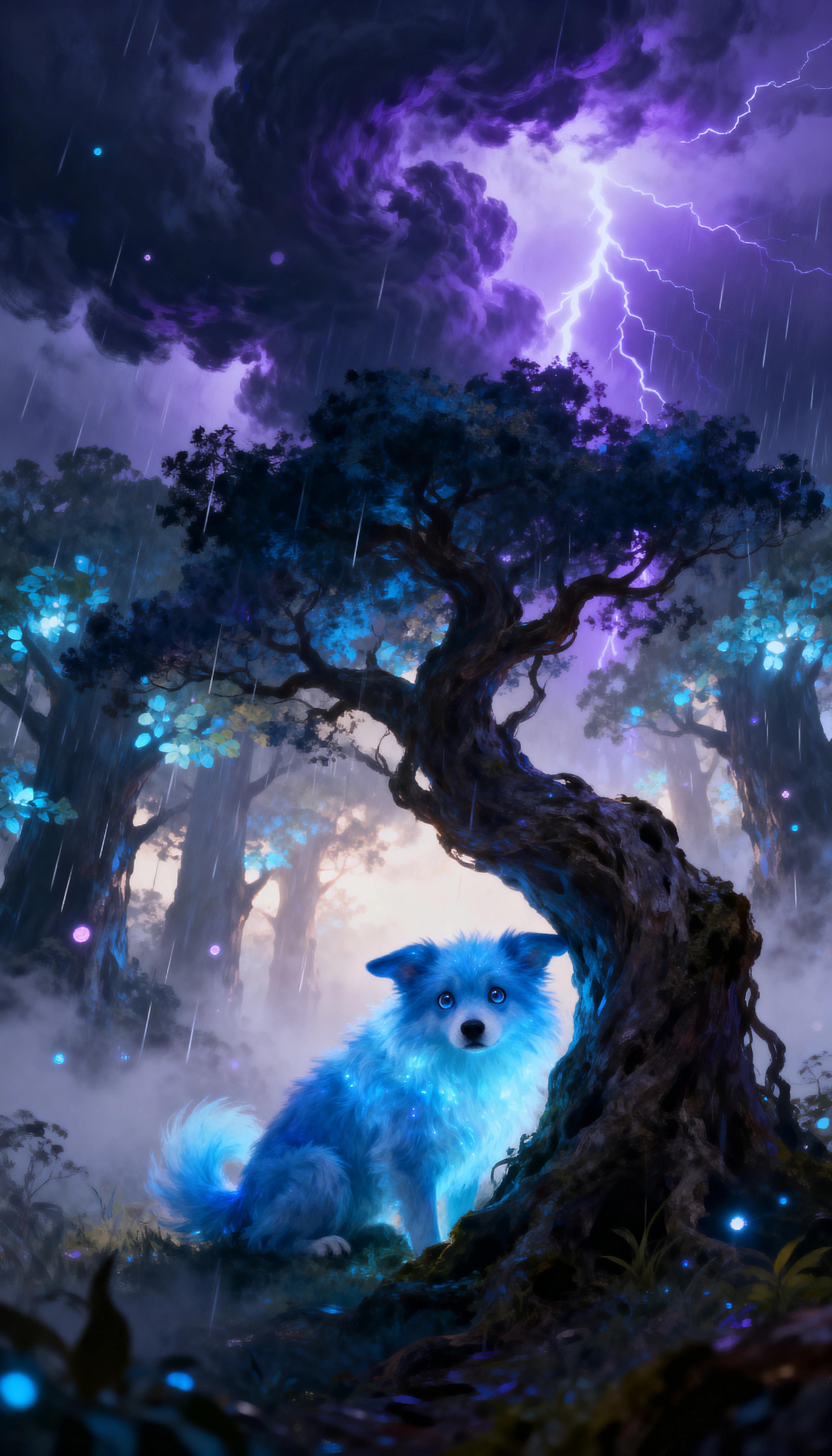 Blue alien dog hiding under a tree in stormy forest