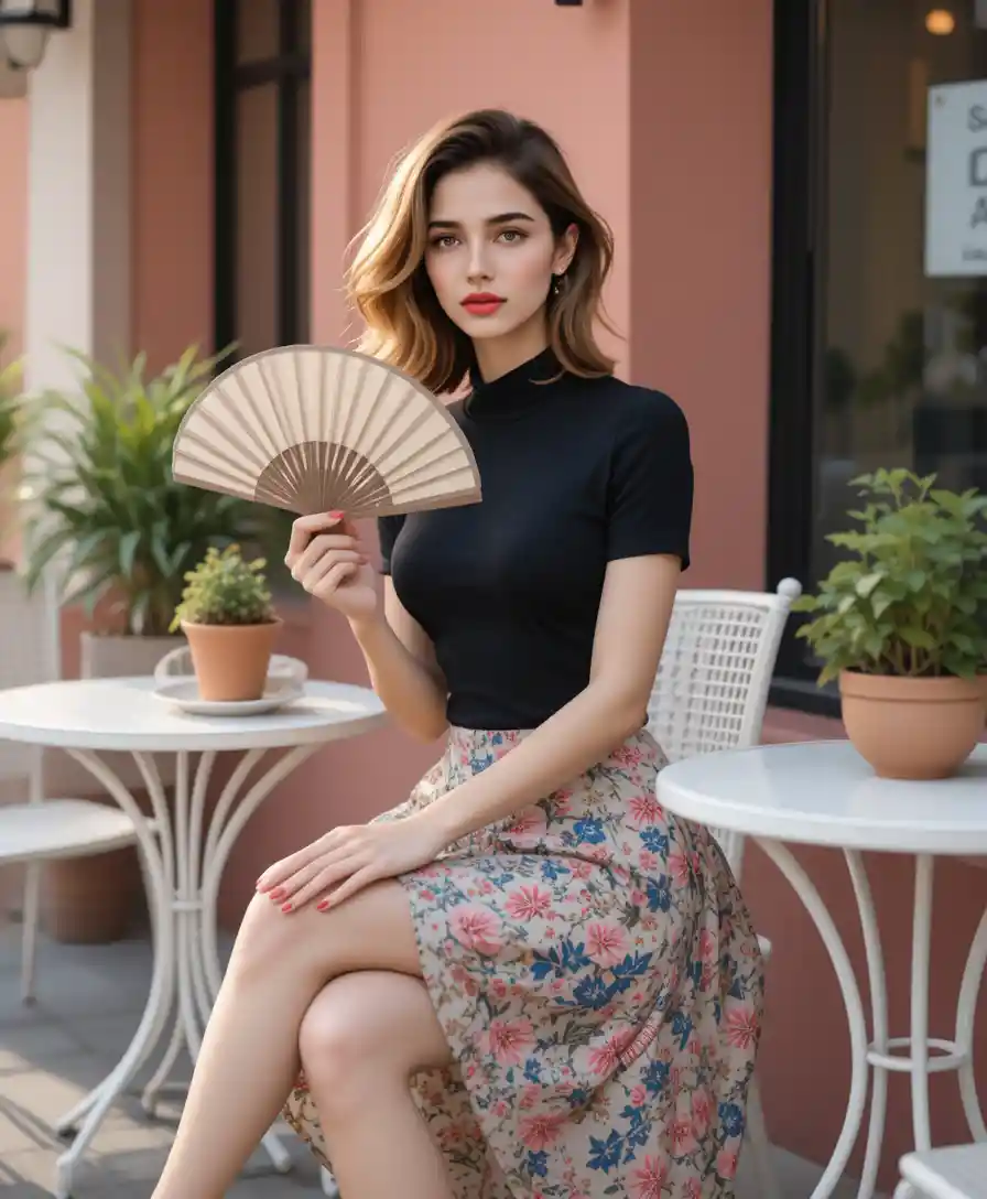 手持摺扇的優雅女子坐在時髦咖啡露台