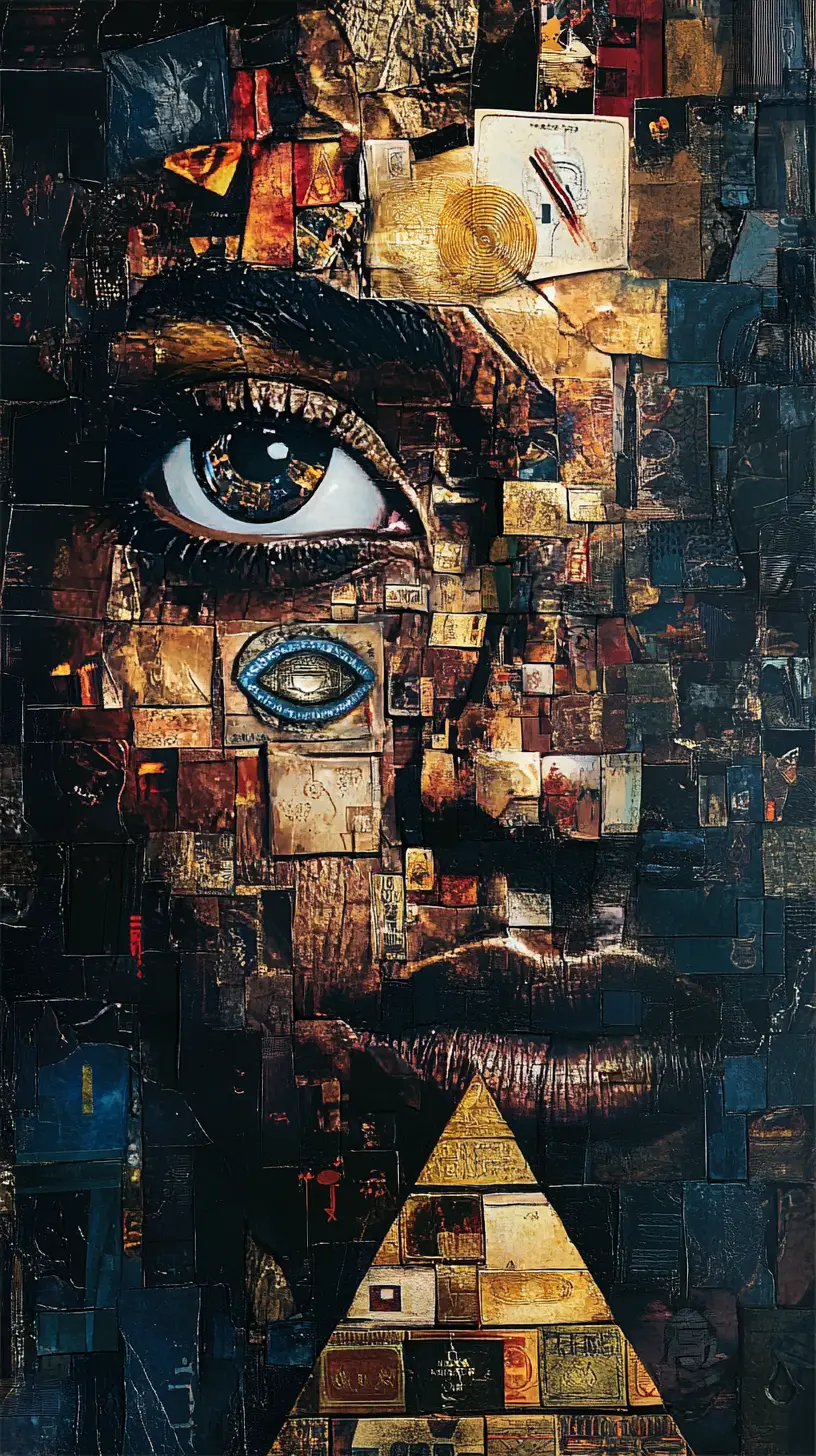 Afrofuturistic portrait formed from layered vintage ID cards