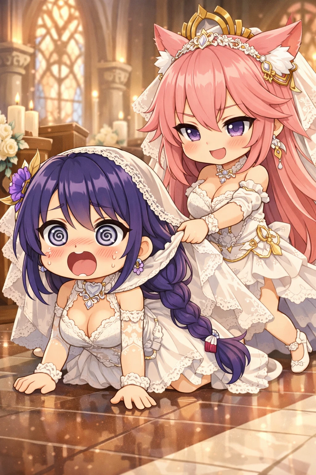 Novias chibi en un dramático enfrentamiento en una iglesia de anime