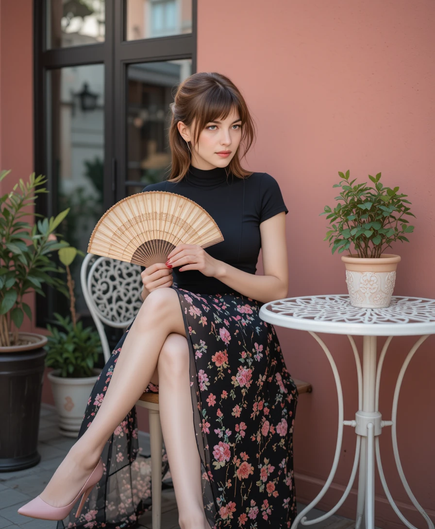 Elegante Frau mit Fächer auf schicker Caféterrasse