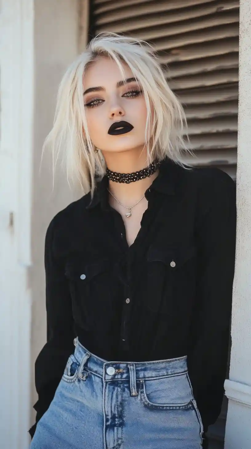 Gothic girl with black lipstick posing in a doorway
