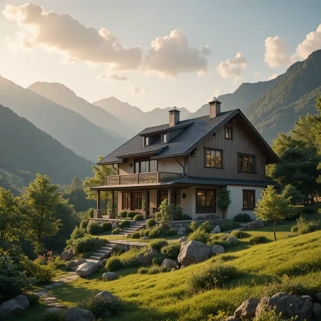 Sunlit village house with mountains and lush greenery