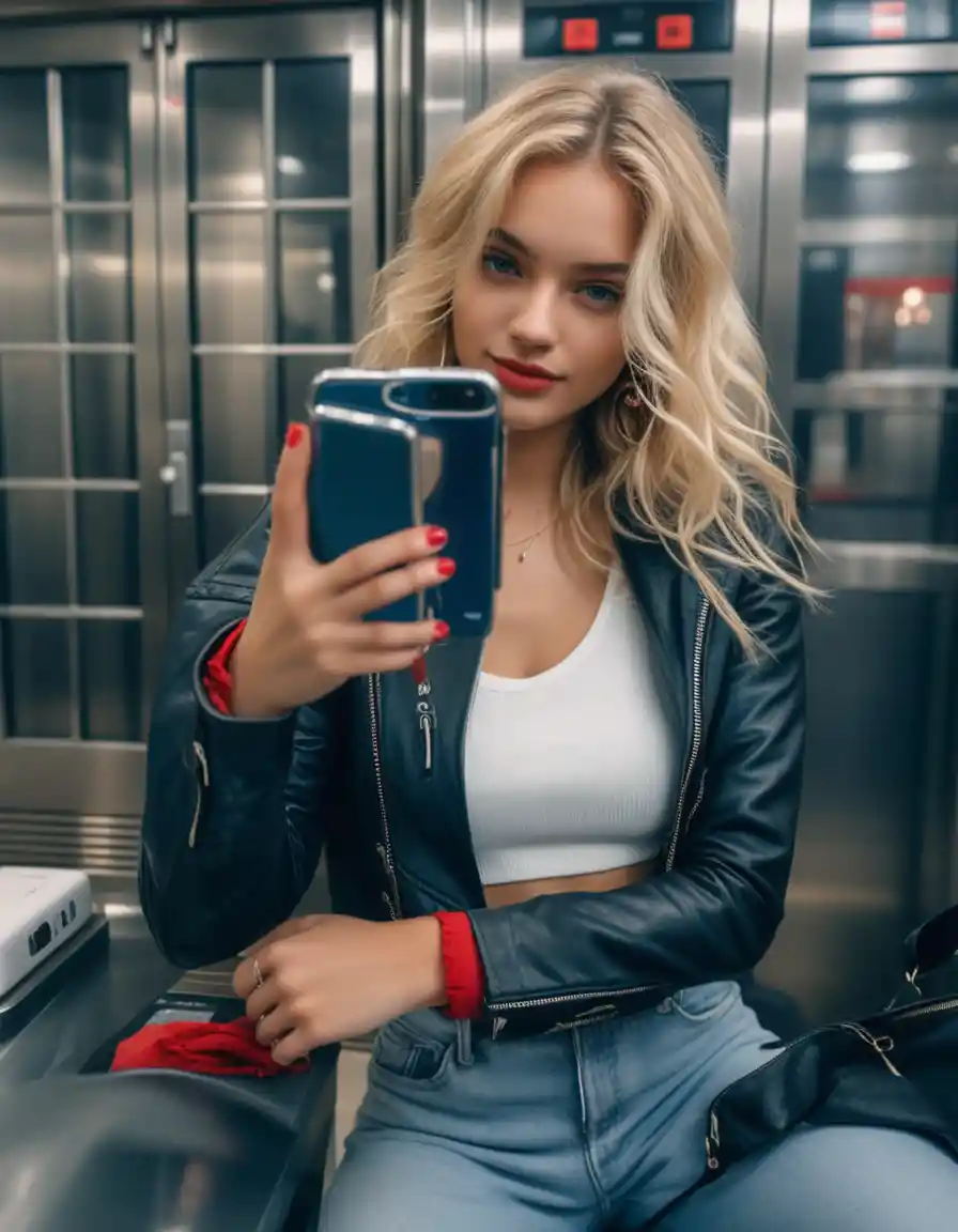 Stilvolle Frau macht ein Spiegel-Selfie im Aufzug