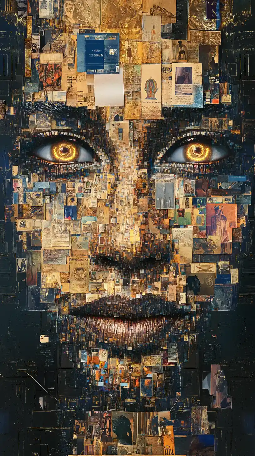 Afrofuturistic portrait made from layered vintage ID cards