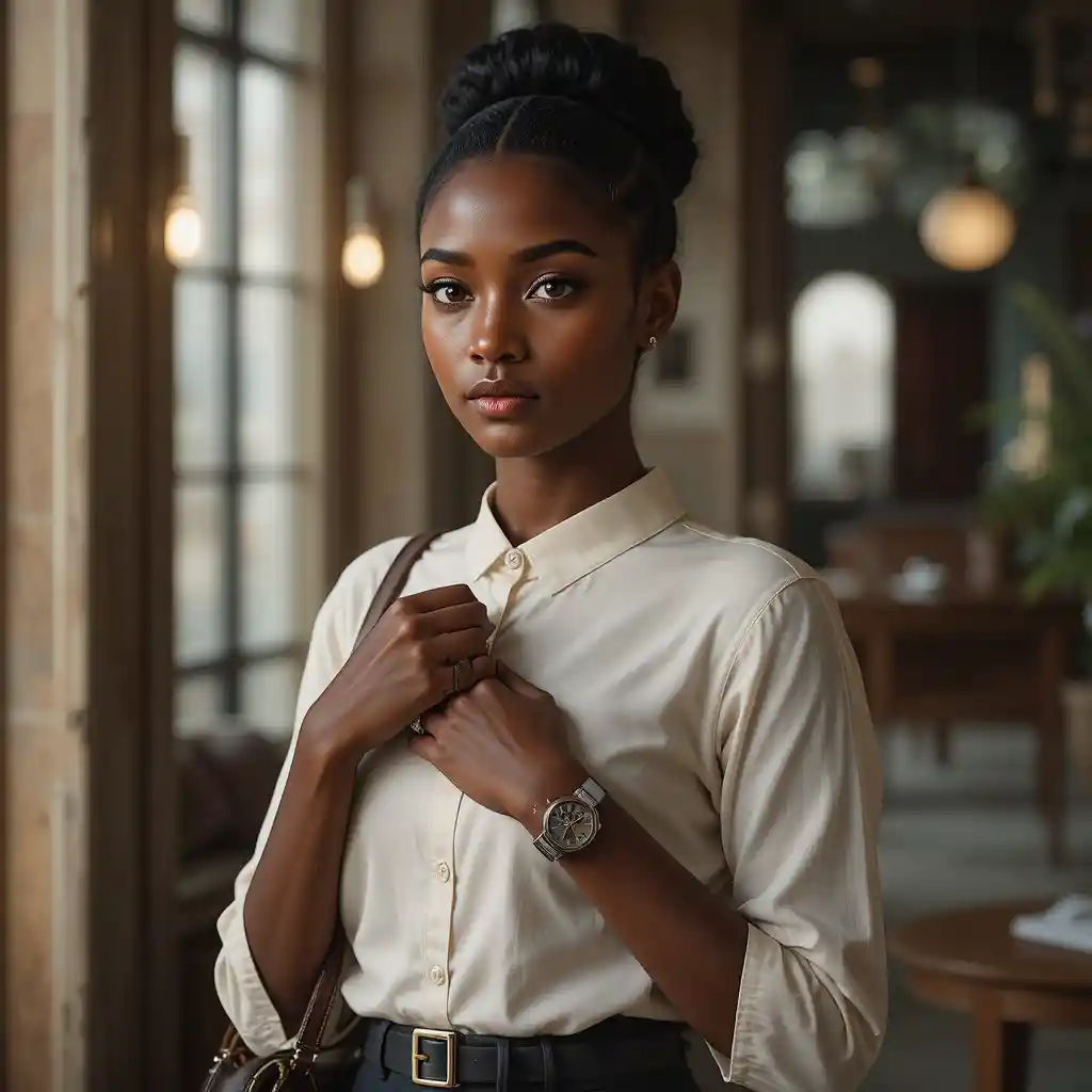 Thoughtful Nigerian woman in modest church outfit portrait