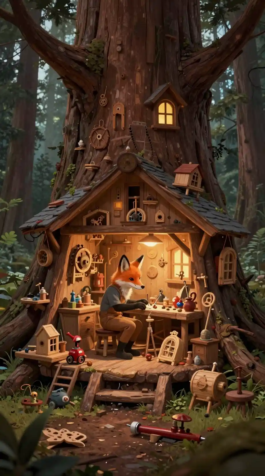 Anthropomorphic fox craftsman in a redwood forest workshop