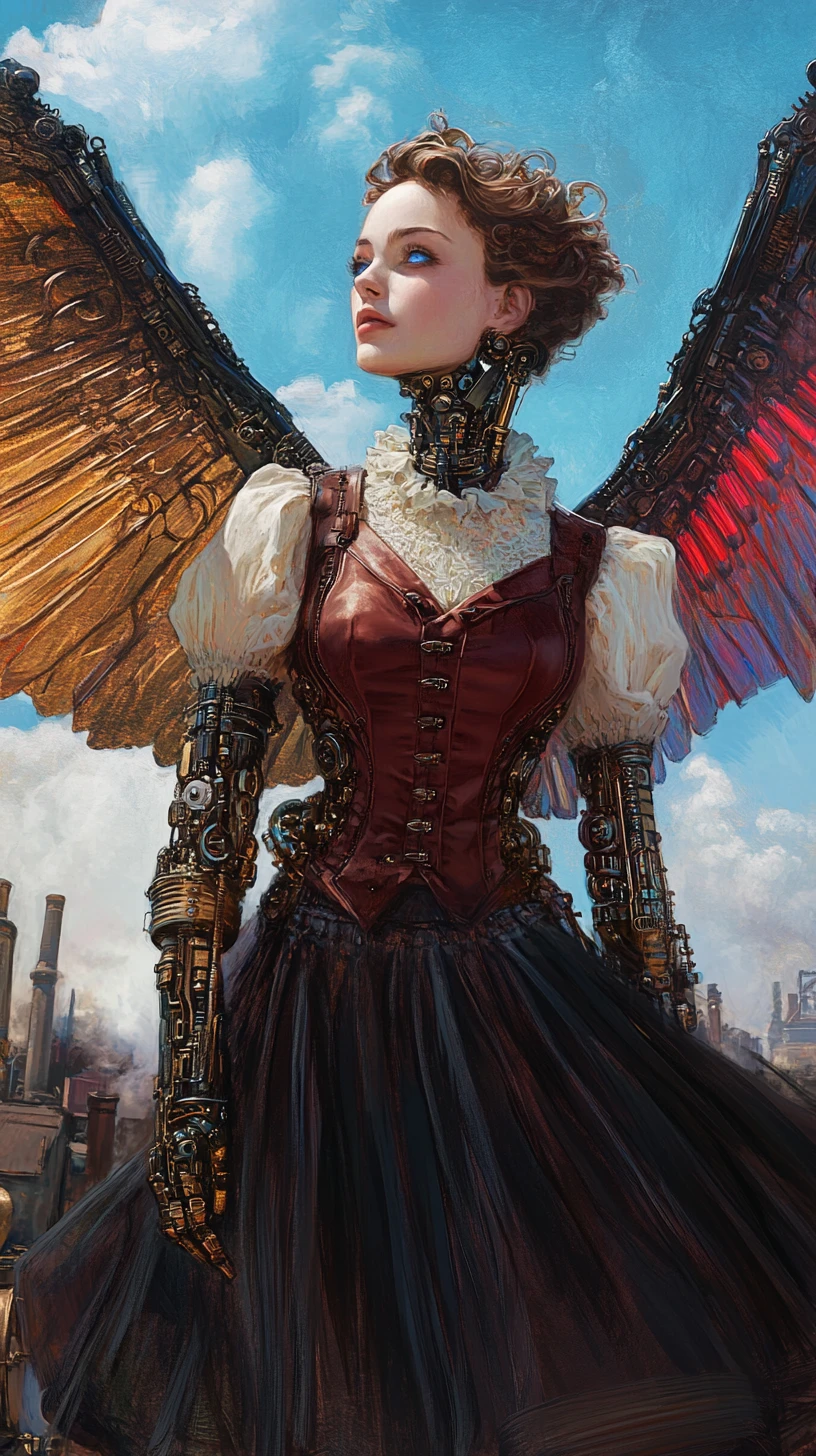 Steampunk cybernetic angel woman soaring above smokey city