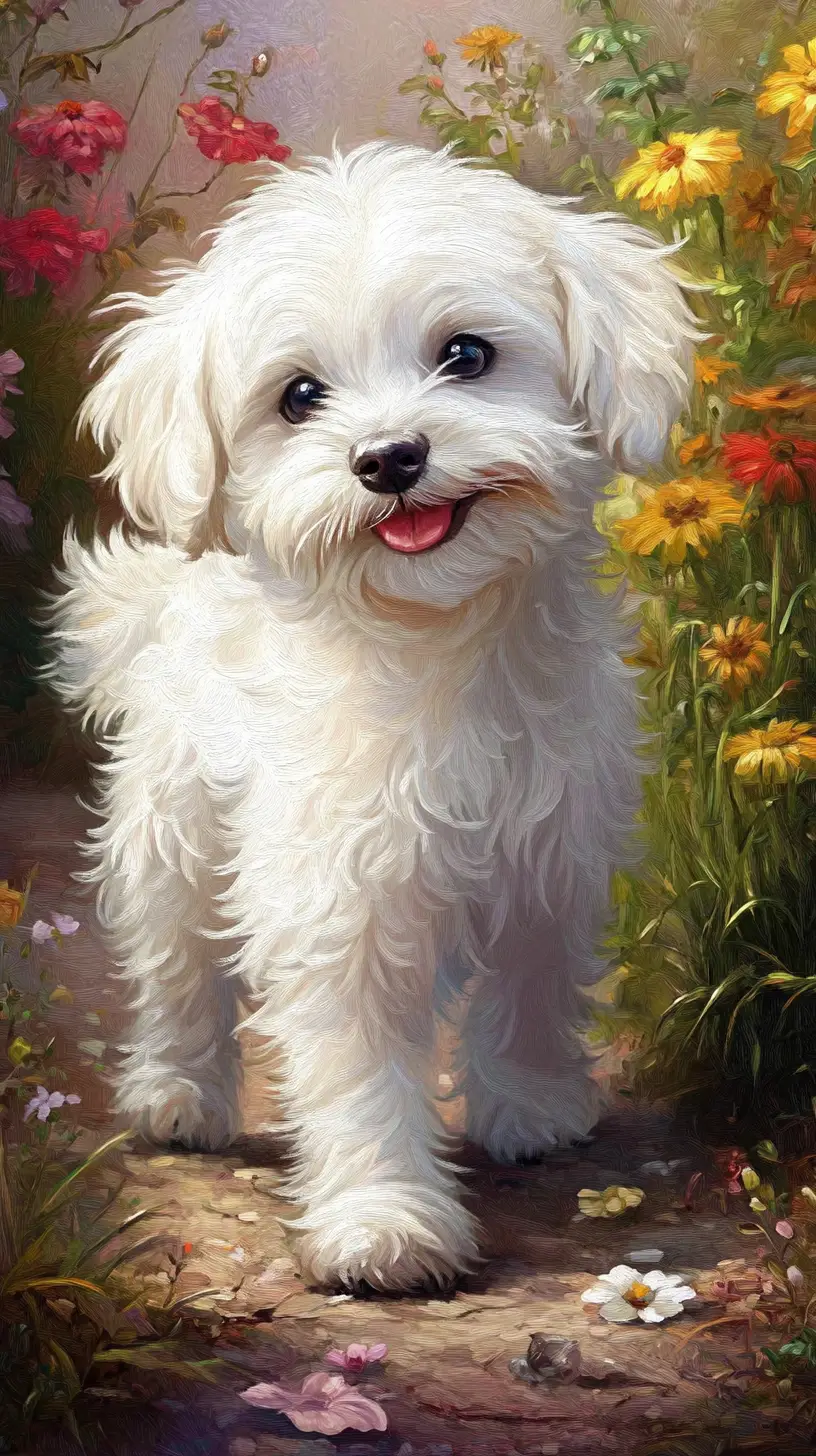 Cute happy dog standing on a spring city street