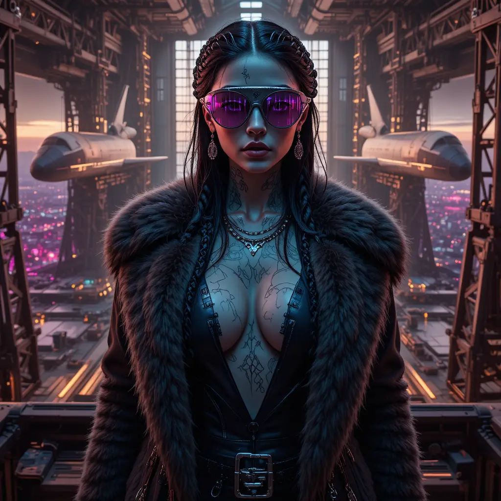 Cyber noir femme fatale in a stratospheric launch hangar