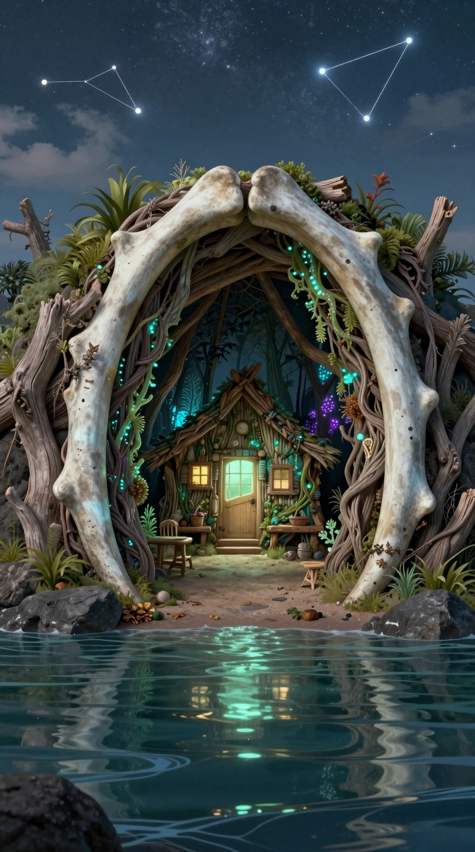 Casa sob Arco de Ossos de Baleia em Enseada Costeira Bioluminescente