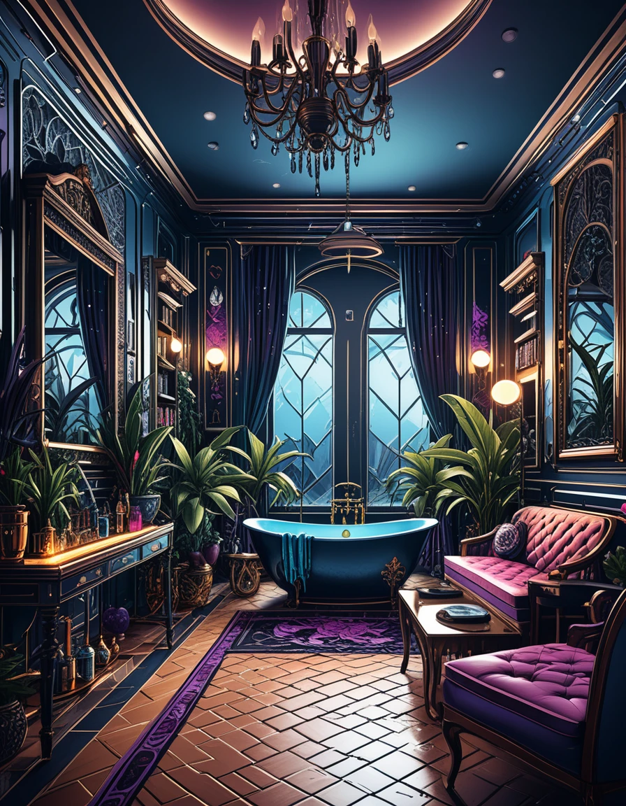 Patio interior de fantasía en tonos joya oscuros con fuente de agua