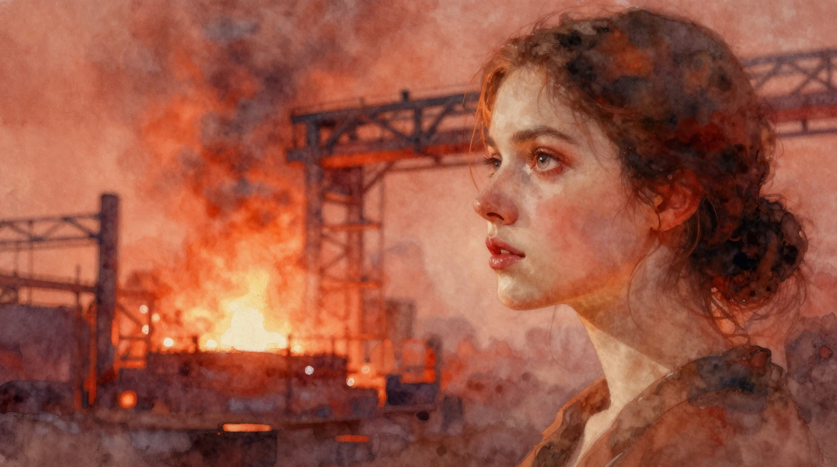 Watercolor profile of a young woman in a glowing factory