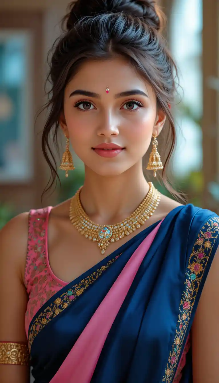 Young Indian girl in navy saree studio portrait