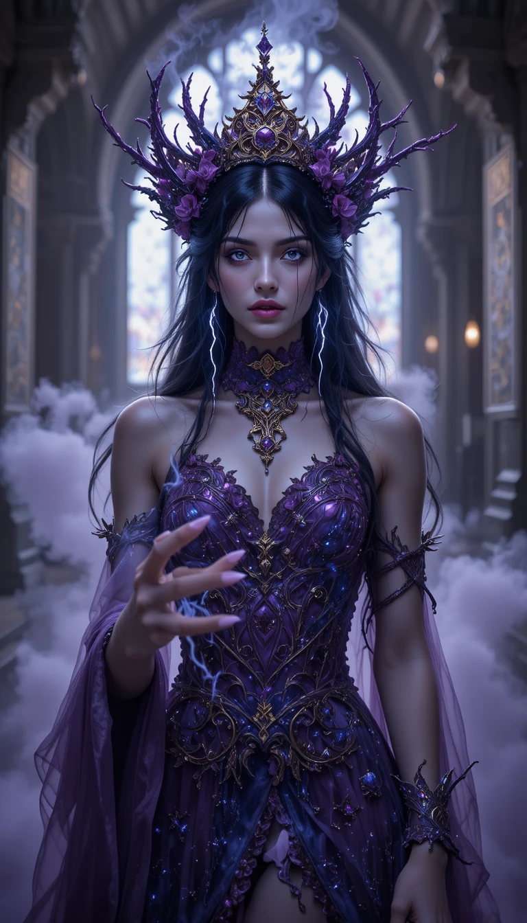 Purple gothic goddess in a misty cathedral glow