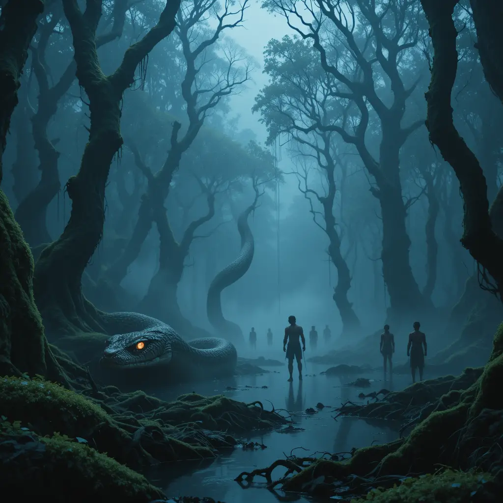 Giant Snake Coiled In A Misty Swamp At Dusk