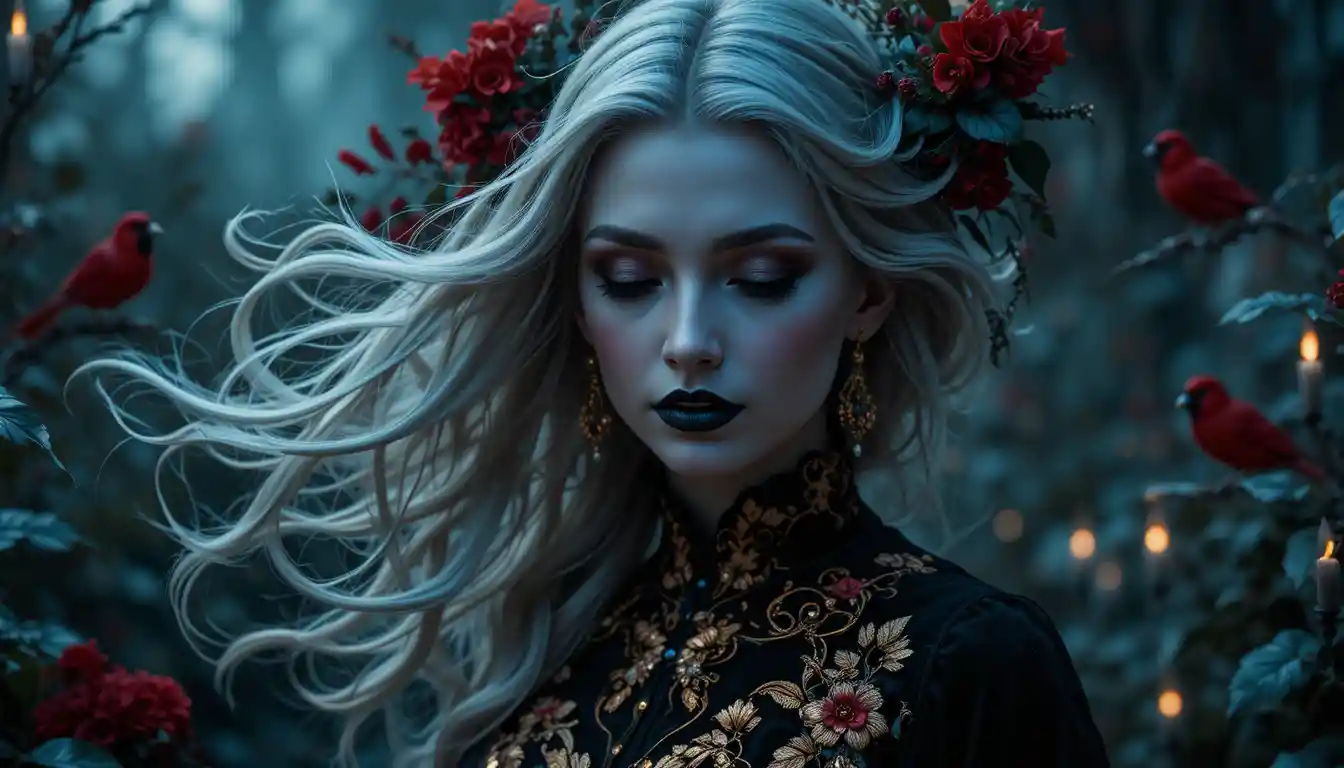 Elegante vampira caminhando sozinha na noite