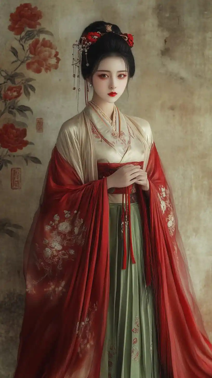 Mulher em manto tradicional vermelho diante de parede com caligrafia texturizada