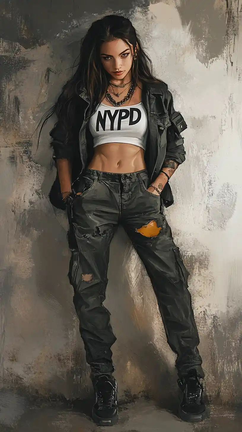 Young woman in urban streetwear against concrete wall