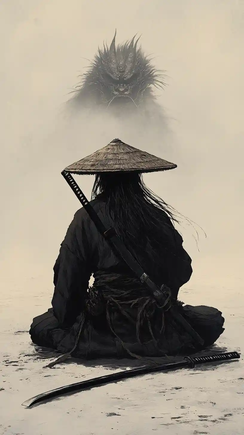 Guerriero samurai in ginocchio con katana in un paesaggio sabbioso e silenzioso