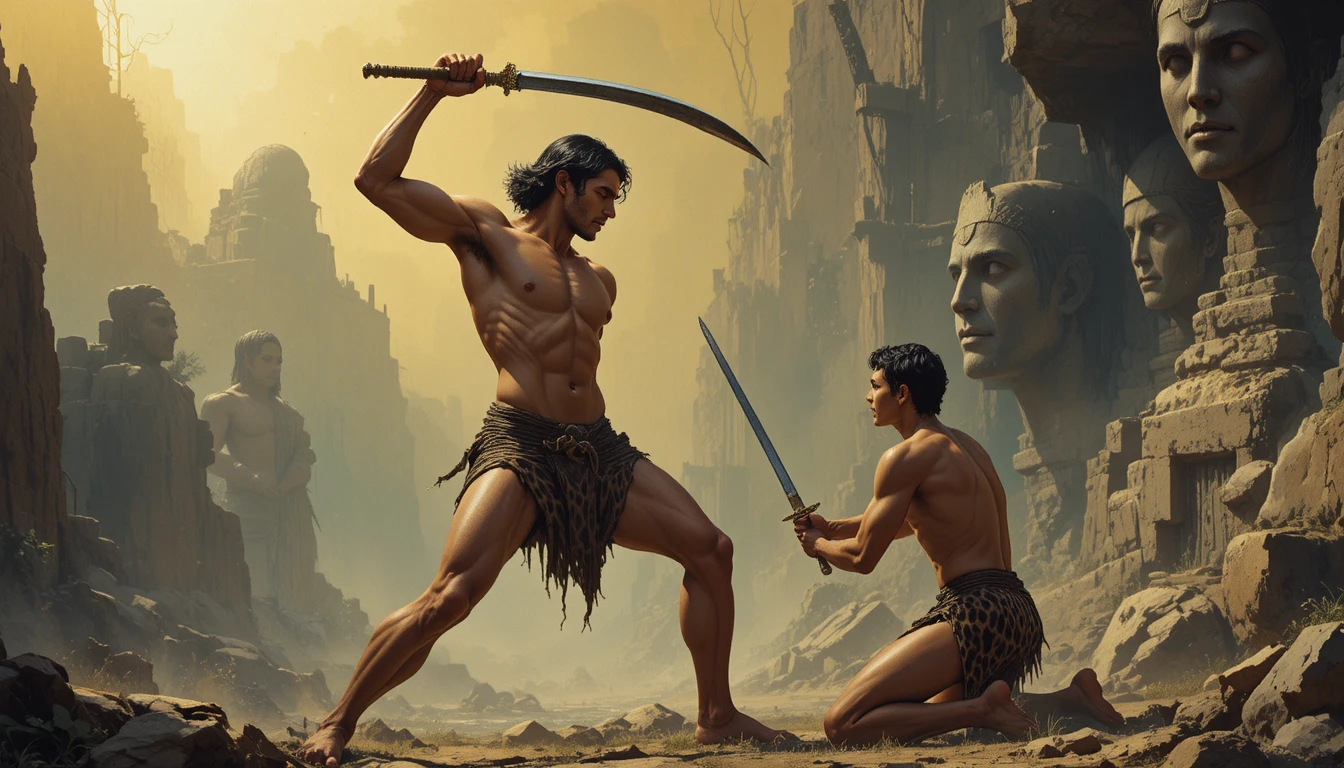 Warrior poised to strike over kneeling foe in jungle