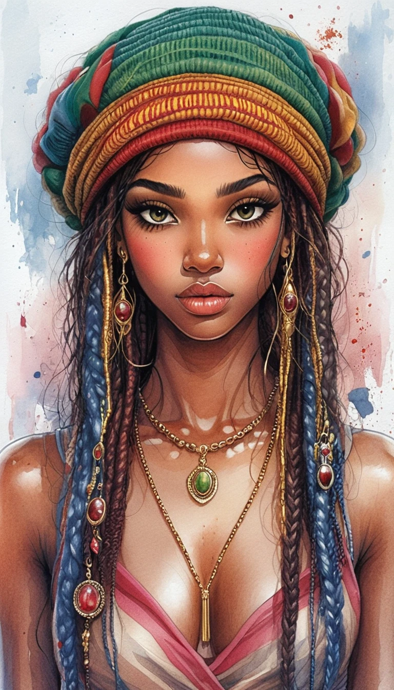 Color pencil portrait of a serene black woman in rasta beanie