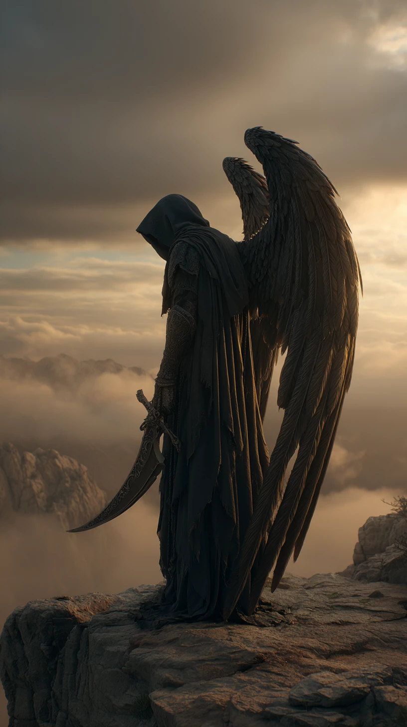 Fallen angel with sword on misty cliff at sunset
