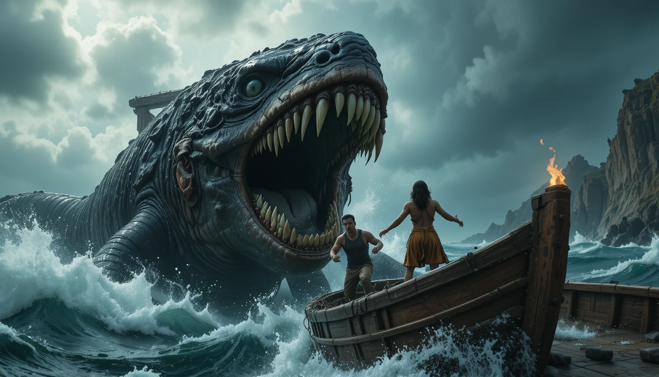 Monstruo marino gigantesco atacando un pequeño bote en plena tormenta
